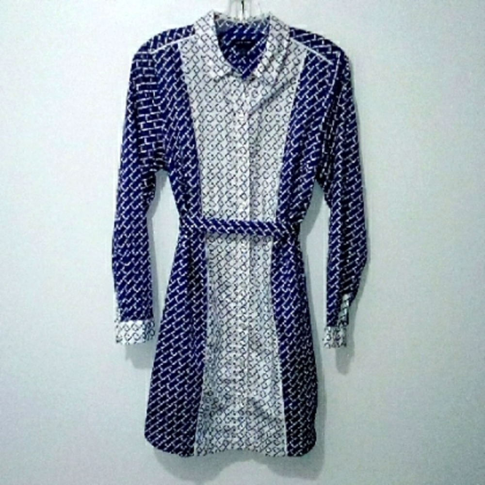 Tommy Hilfiger Blue and White Long Sleeve Button Up Shirt Dress